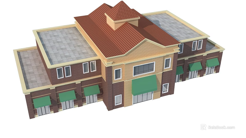 Commercial Complex Exterior with Red Brown Roof Green Awnings Beige Brown Walls and Multiple Windows 3d model 