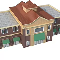 Commercial Complex Exterior with Red Brown Roof Green Awnings Beige Brown Walls and Multiple Windows