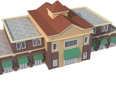 Commercial Complex Exterior with Red Brown Roof Green Awnings Beige Brown Walls and Multiple Windows 3d model