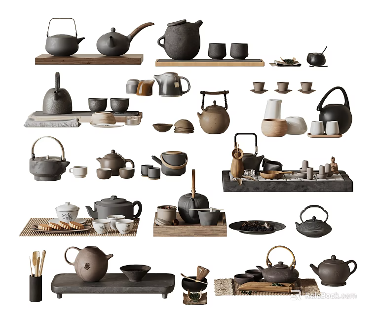 Traditional Ceramic Tea Set Collection With Teapots Teacups And Trays 3d model