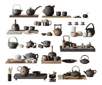 Traditional Ceramic Tea Set Collection With Teapots Teacups And Trays 3d model