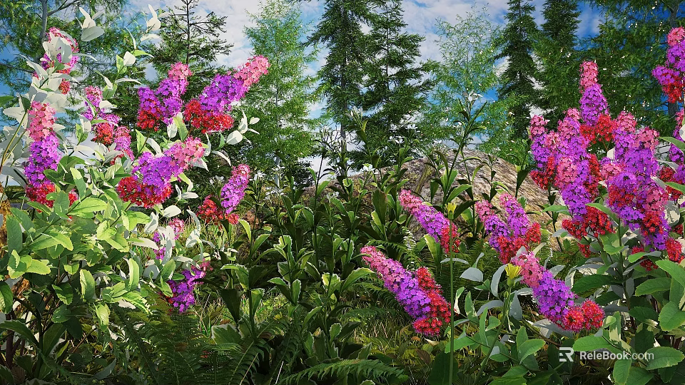 Vibrant Purple and Red Flowers Growing Among Green Foliage and Tall Trees 3d model 