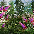 Vibrant Purple and Red Flowers Growing Among Green Foliage and Tall Trees