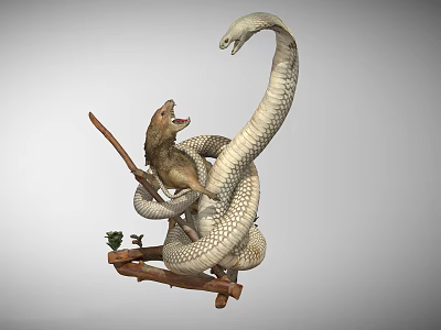 Open Mouth Dinosaur Confronting Giant Snake on Wooden Branch with Green Plant 3d model