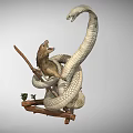 Open Mouth Dinosaur Confronting Giant Snake on Wooden Branch with Green Plant