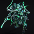 Skeletal Knight Mounted On Skeletal Horse With Green Glowing Energy And Weapon In Dark Fantasy