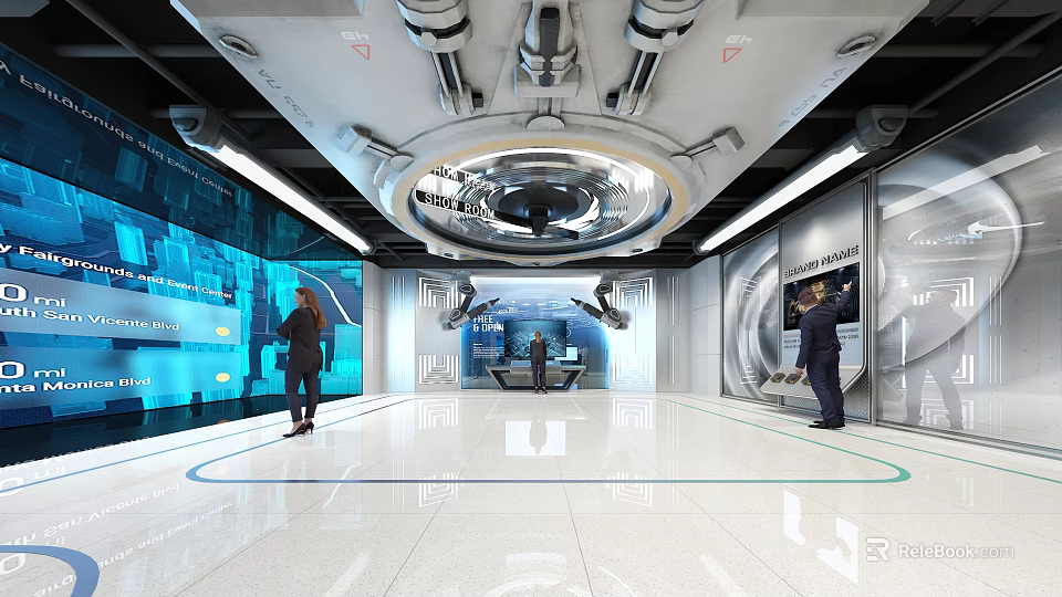 Futuristic High Tech Control Room With Large Interactive Screens Mechanical Ceiling And Staff Operating Panels 3d model 