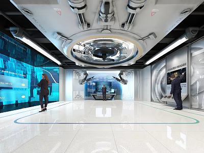 Futuristic High Tech Control Room With Large Interactive Screens Mechanical Ceiling And Staff Operating Panels 3d model