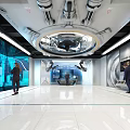 Futuristic High Tech Control Room With Large Interactive Screens Mechanical Ceiling And Staff Operating Panels 3d model