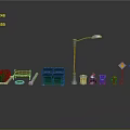 Outdoor Public Equipment Including Bench Trash Bins Street Lamp And Signs With Plants
