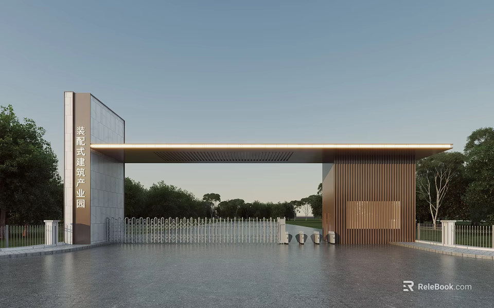 Modern Minimalist Prefabricated Construction Industrial Park Main Entrance Design With Telescopic Access Gate 3d model 
