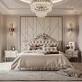 Luxurious Classic Bedroom Interior With Upholstered Bed Geometric Panel Wall Chandelier And Nightstands