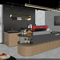 Modern Café Interior Featuring Red Black Coffee Machine on Metal Countertop with Cups