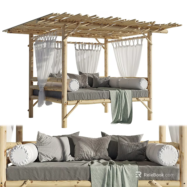 Cozy Outdoor Sofa With Wooden Pergola White Curtains Gray Cushions And Green Throw Blanket 3d model 