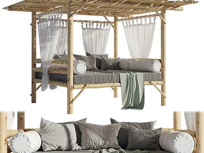 Cozy Outdoor Sofa With Wooden Pergola White Curtains Gray Cushions And Green Throw Blanket 3d model