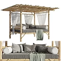 Cozy Outdoor Sofa With Wooden Pergola White Curtains Gray Cushions And Green Throw Blanket