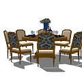 Round Dining Table Set with Six Upholstered Chairs and Floral Centerpiece Dinnerware Wine Glasses