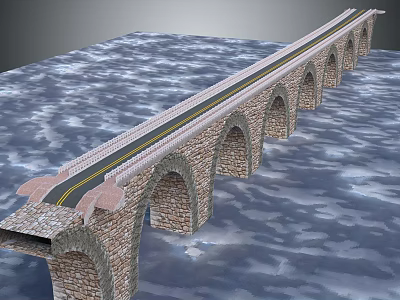 Stone Arch Bridge Featuring Multiple Arches Spanning Water Surface and Roadway 3d model