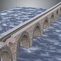 Stone Arch Bridge Featuring Multiple Arches Spanning Water Surface and Roadway 3d model