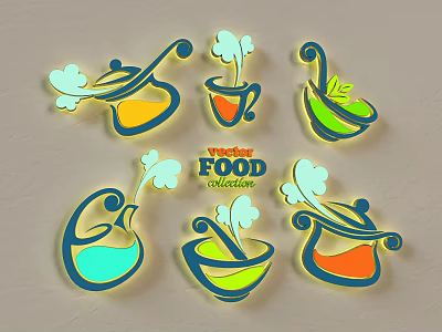 Vintage Food Collection Logo With Colorful Kitchen Utensils And Steam Elements 3d model