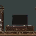 Classical Wooden TV Stand With Ornate Carved Details Gold Accents And Display Cabinets