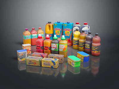Vibrant Assorted Beverages Collection In Bottles And Cartons On 3d model