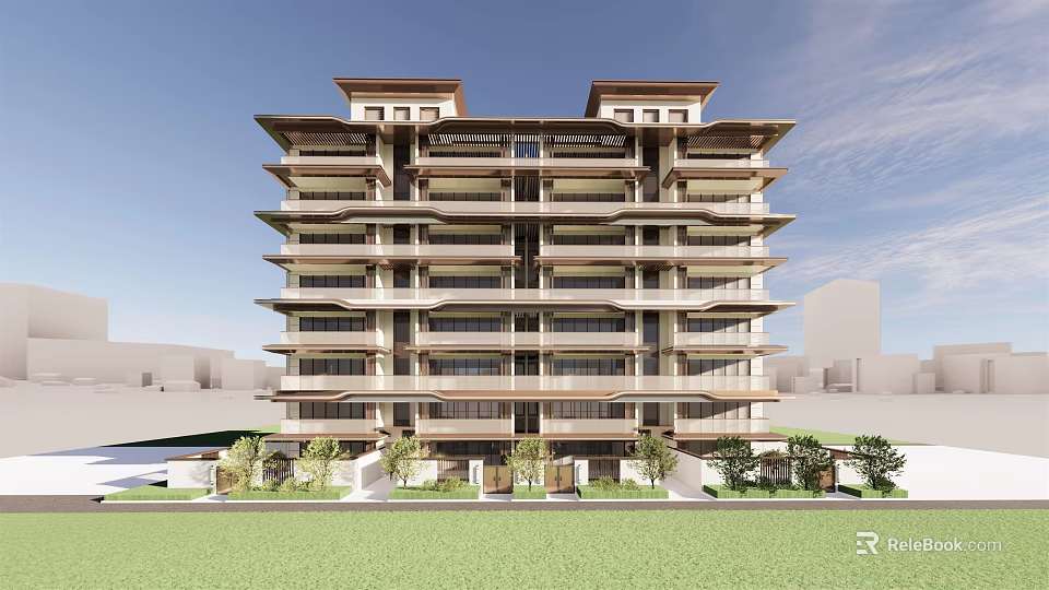 Modern High-rise Apartment Building With Multiple Balconies Green Plants And Blue Sky Background 3d model 