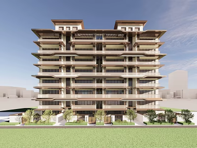 Modern High-rise Apartment Building With Multiple Balconies Green Plants And Blue Sky Background 3d model