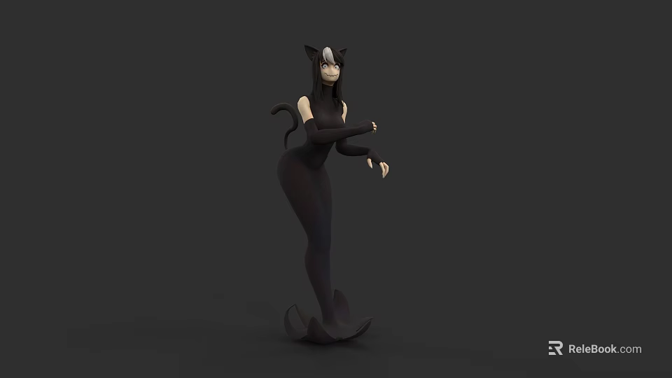 Woman Wearing Black Bodysuit With Cat Ears Tail And Dynamic Pose 3d model 