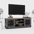 Vintage Industrial TV Stand With Metal Mesh Doors Wheels Floor Lamps And Decorative Clock