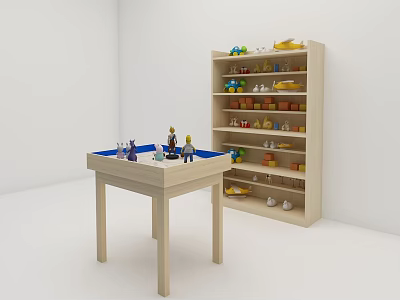 Wooden Table With Small Figures And Shelf Stocked With Various Items In Room 3d model