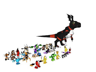 Game Movie Characters With Large Black Red Dragon And Small Colorful Figures 3d model