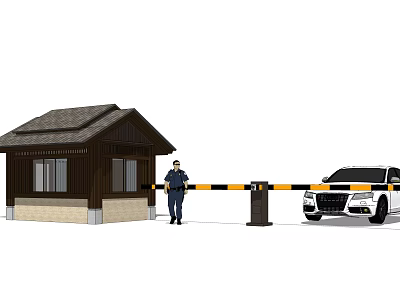 Wooden Cabin Style Guard Booth With Uniformed Guard Barrier Gate And White Car 3d model