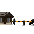 Wooden Cabin Style Guard Booth With Uniformed Guard Barrier Gate And White Car