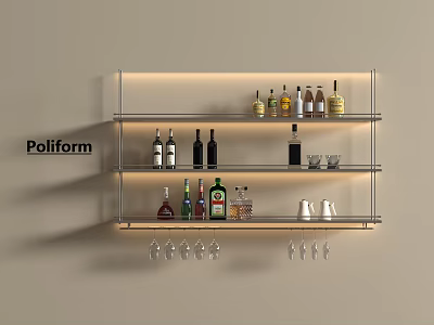 Poliform Modern Wall Mounted Wine Rack with Multi Tier Shelves Wine Bottles and Glasses 3d model