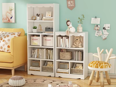 White Bookshelves in Cozy Kids Room with Storage Baskets Books Toys and Decor 3d model