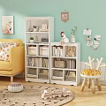 White Bookshelves in Cozy Kids Room with Storage Baskets Books Toys and Decor