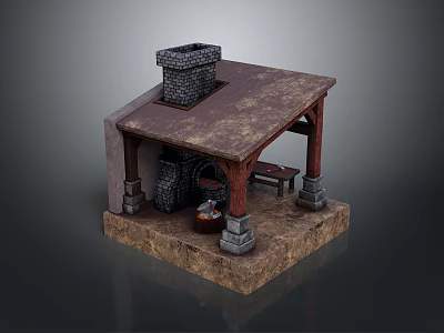 Rustic Wooden Shed With Brown Roof Displaying Daily Life Baskets And Jars 3d model