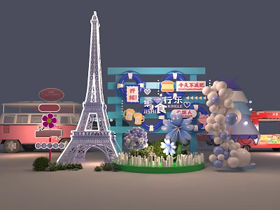 Charming Photo Check In Spot With Eiffel Tower Model Pink Bus Balloons And Flower Decorations 3d model