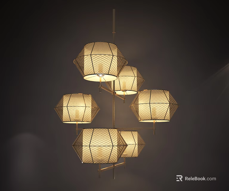 Unique Shaped Pendant Light With Multiple Geometric Woven Shades And Warm Glow 3d model 