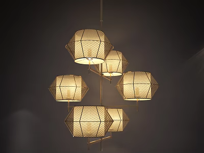 Unique Shaped Pendant Light With Multiple Geometric Woven Shades And Warm Glow 3d model