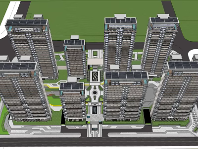Modern High Rise Residential Complex Planning With Symmetrical Design Green Spaces And Roadways 3d model
