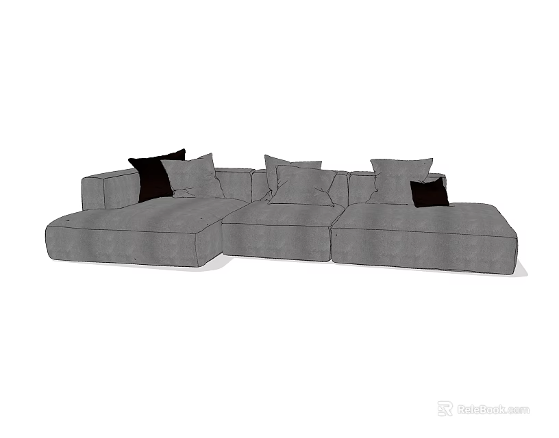 Gray Sectional Sofa with Multiple Gray and Black Decorative Pillows 3d model