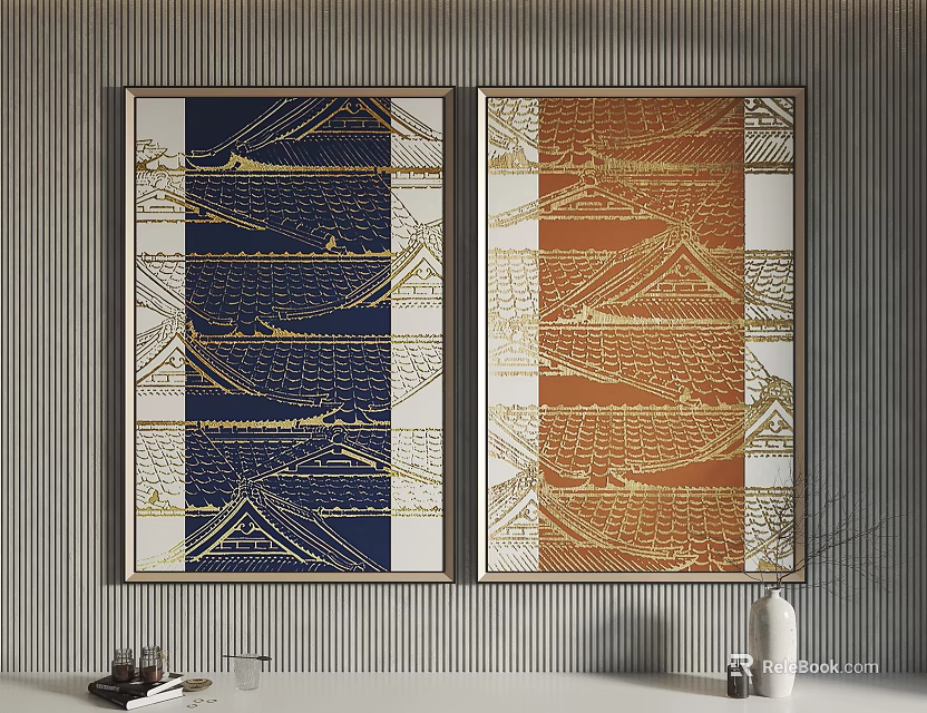 Blue And Orange Decorative Paintings With Gold Frames Geometric Patterns On Vertical Striped Wall 3d model