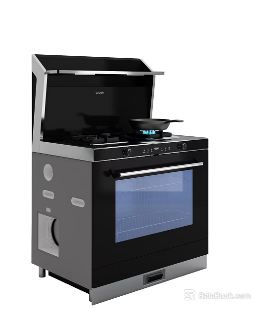Integrated Black Kitchen Appliance with Blue Flame Gas Stove Range Hood and Glass Door Oven 3d model 