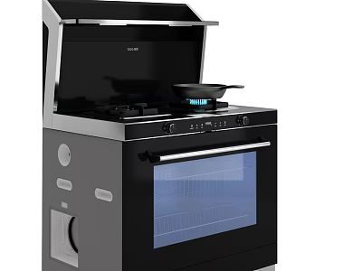 Integrated Black Kitchen Appliance with Blue Flame Gas Stove Range Hood and Glass Door Oven 3d model