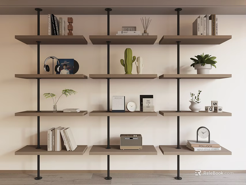 Minimalist Wooden Shelving Unit with Black Metal Frames Featuring Books Potted Plants and Decorative Items 3d model 
