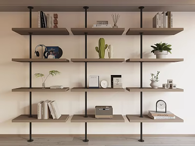 Minimalist Wooden Shelving Unit with Black Metal Frames Featuring Books Potted Plants and Decorative Items 3d model