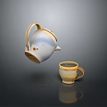 Ceramic Blue And White Teapot Pouring Into Yellow White Mug On Dark Background