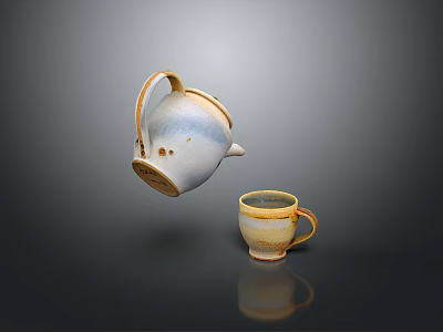 Ceramic Blue And White Teapot Pouring Into Yellow White Mug On Dark Background 3d model